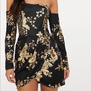 Black Floral Bardot Dress